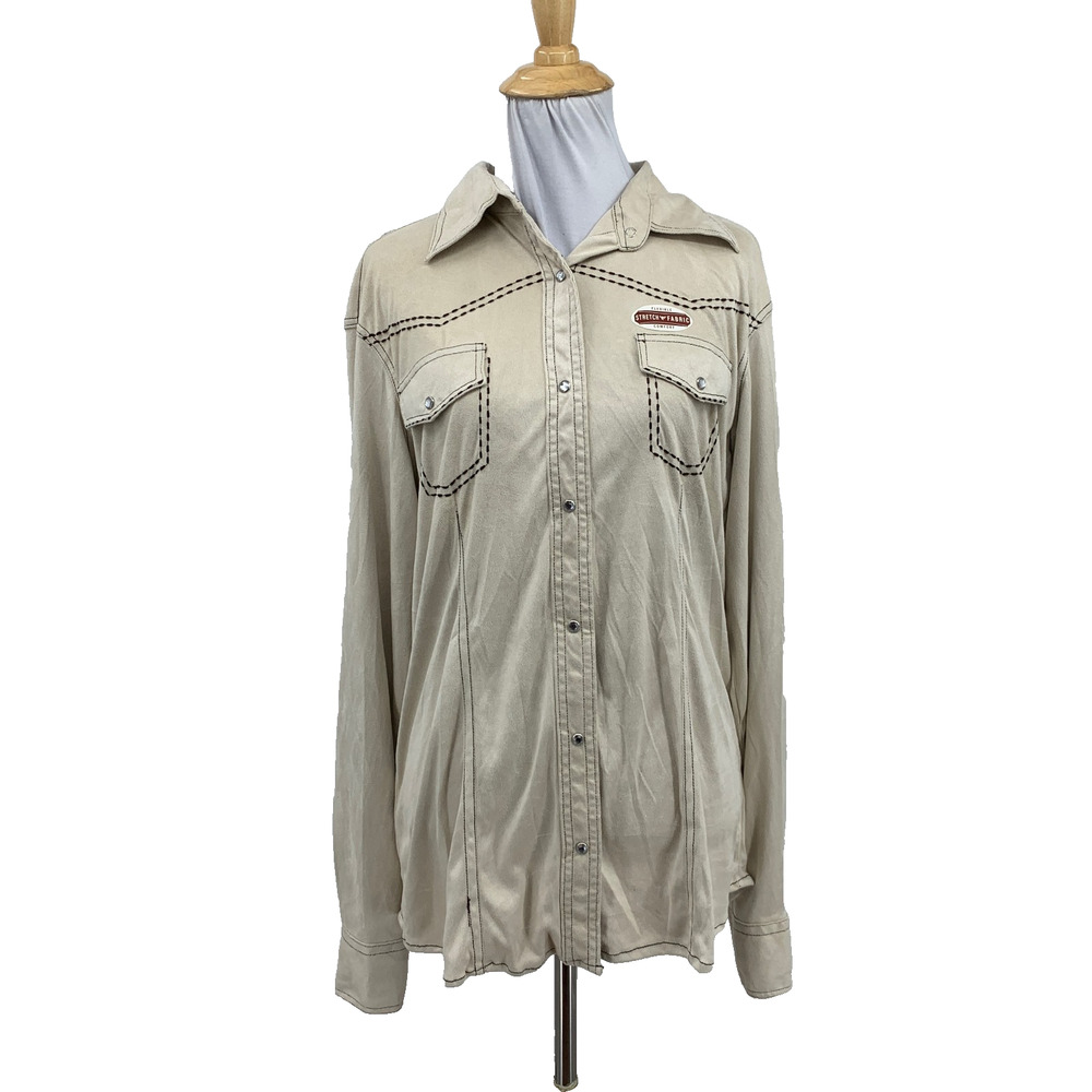 Cowgirl Hardware Shirt Womens L Large Tan Pearl Snap Long Sleeve Pocket Western